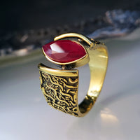 Carved Horse Eye Ruby Ring Vintage Gold Ring