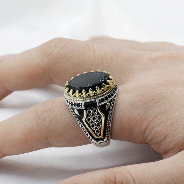 Vintage Two-tone Man's Ring Black Agate Jewelry