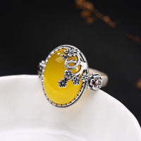White-plated Gold Pomegranate Red Canary Stone Vintage Plum Blossom Unisex Ring